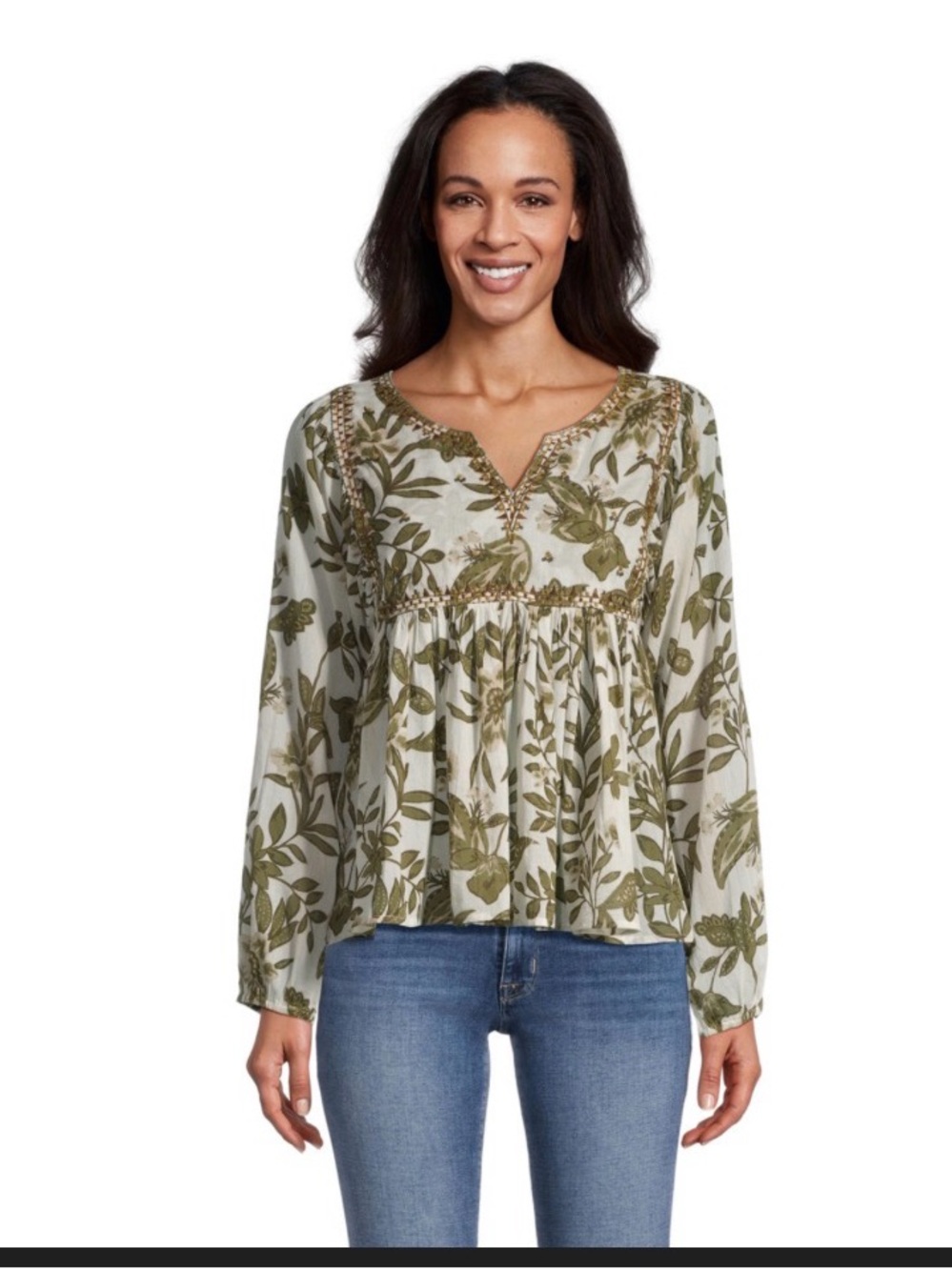 World Market Olive & Beige Floral Peasant Tunic